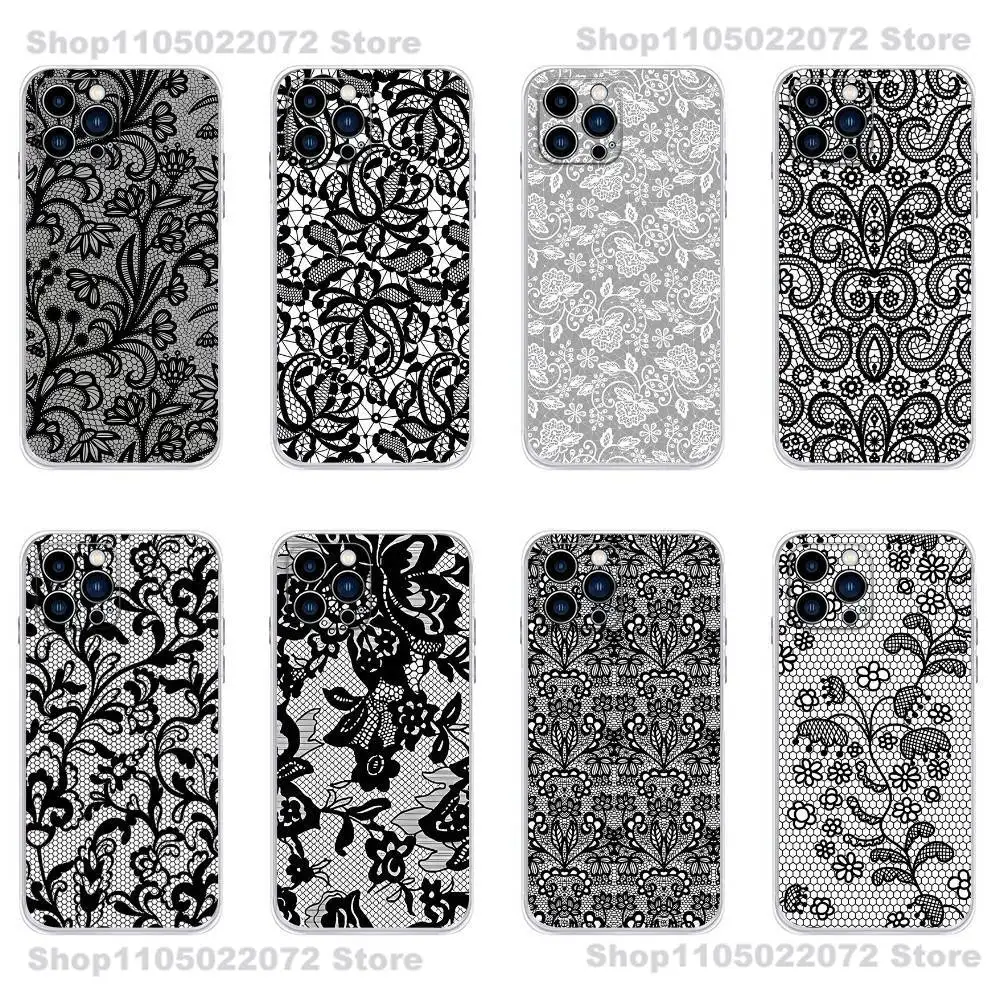 

Black lace print New Hot Phone Case For iPhone 16,15,14,13,12,11 Plus,Pro,Max,XR,XS,Plus,E,Mini Transparent Soft Cover