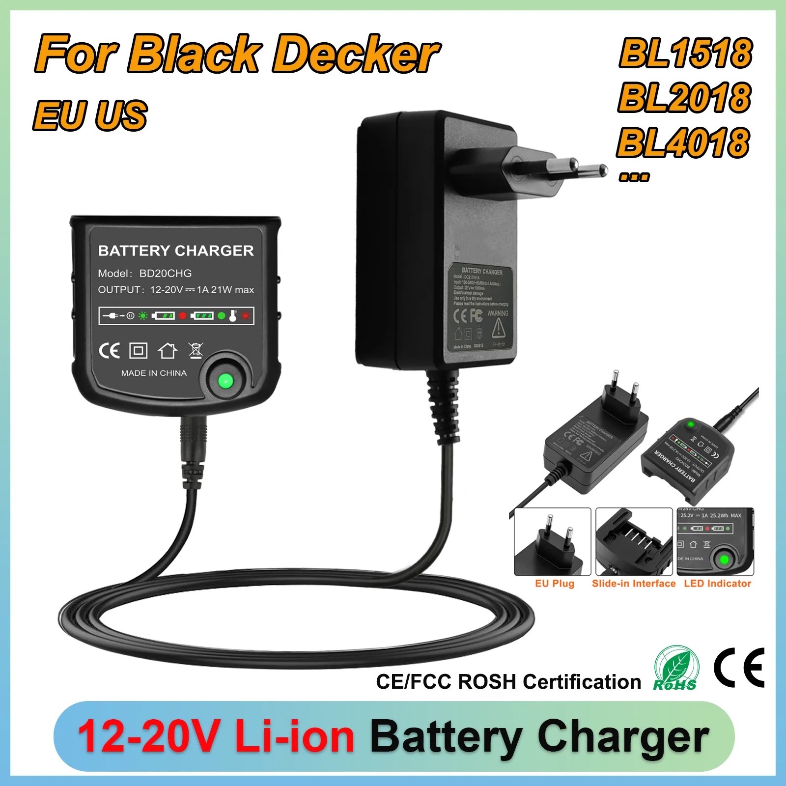 Split-Type Li-ion Battery Charger For Black Decker 12V-18V/2