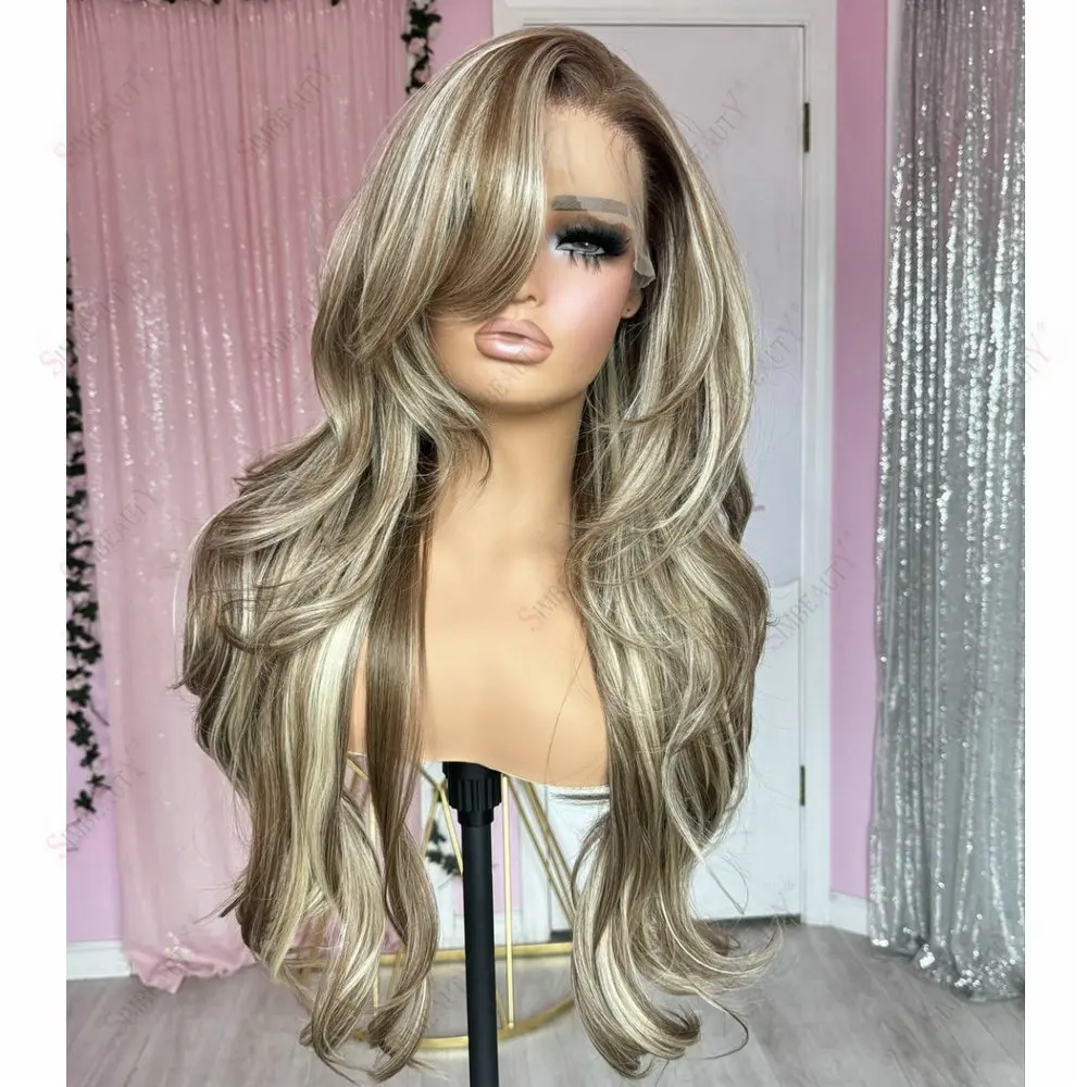 Europäische Echthaar-Perücken mit Vollspitze, transparente Spitzenperücken, hellbraun-blond mit Highlights, natürliche Wellen, 13x6 Lace-Front-Perücken – Detail 3