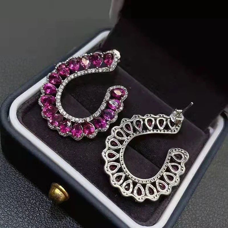 FS Fashion 3*4 Garnet Arc Earrings S925 Sterling Silver Natural Stone Fine Weddings Jewelry For Women  MeiBaPJ