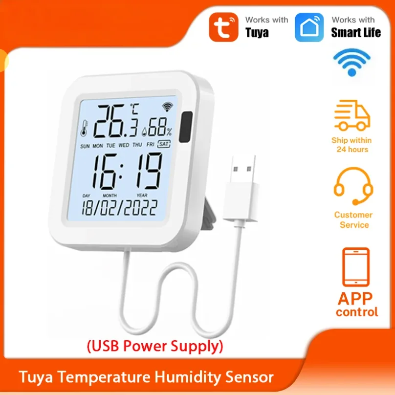 

Умный термометр-гигрометр Tuya WiFi, датчик температуры и влажности с подсветкой, дистанционное управление через приложение, совместимость с Tuya и Alexa.