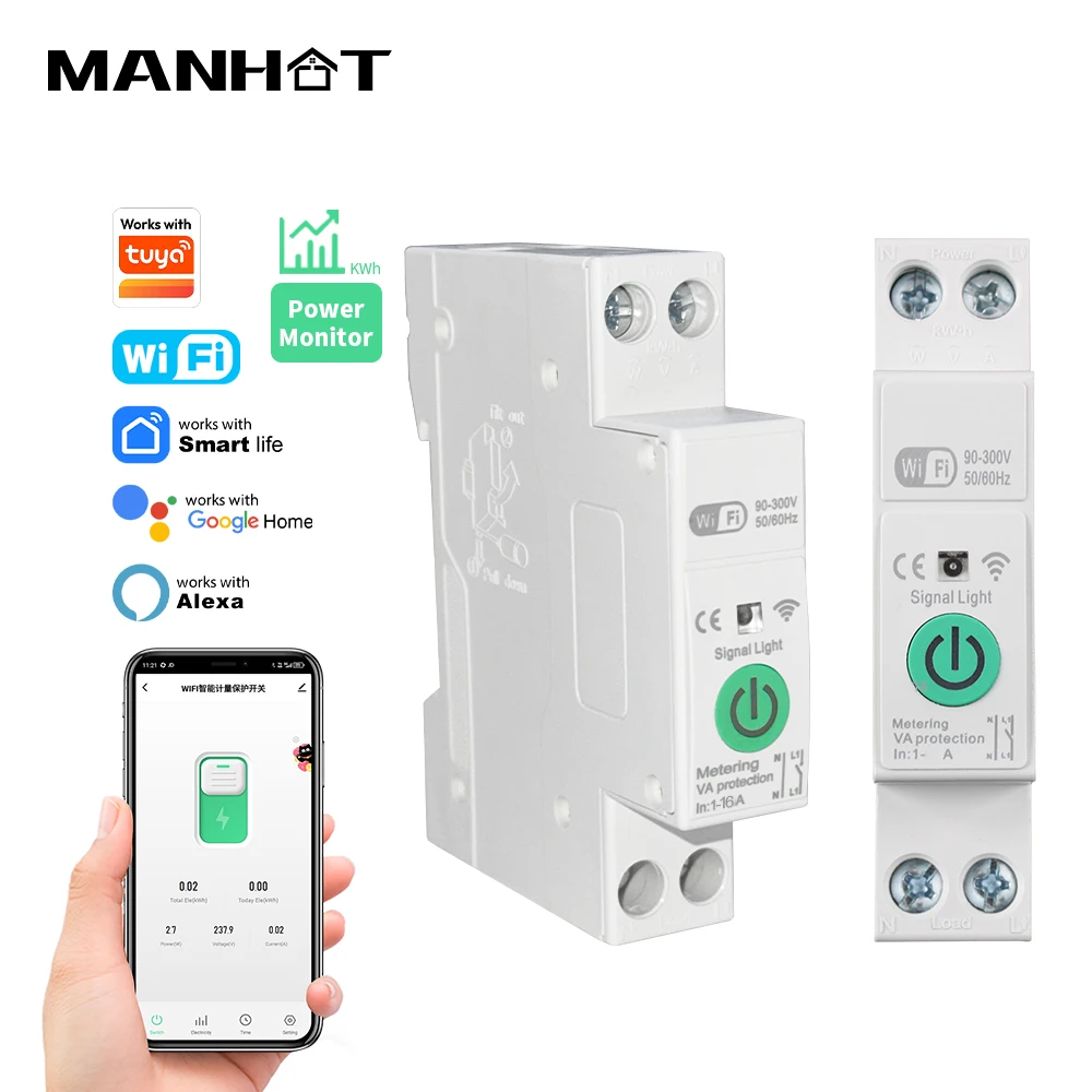 MANHOT WiFi Smart Circuit Breaker 16A Din Rail Switch With Electricity Statistics Remote Work With Tuya Alexa Google Home