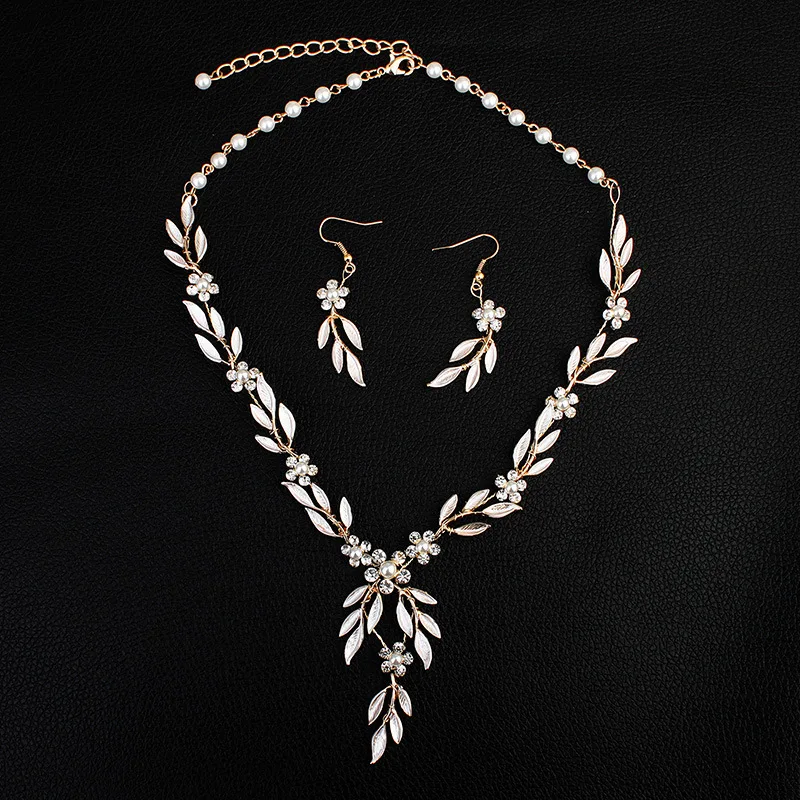 Hand wired Gold Color Leaf Bridal Necklace Earrings Set Wedding Prom Accessories Women Jewelry Set