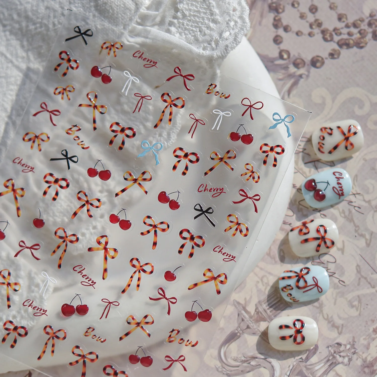 Jelly Cherry Leopard Print Bowknot Charm Ribbon Polka Dot Charm Flower Star Bow Tie Love Heart Delicate Nail Art Stickers Decals