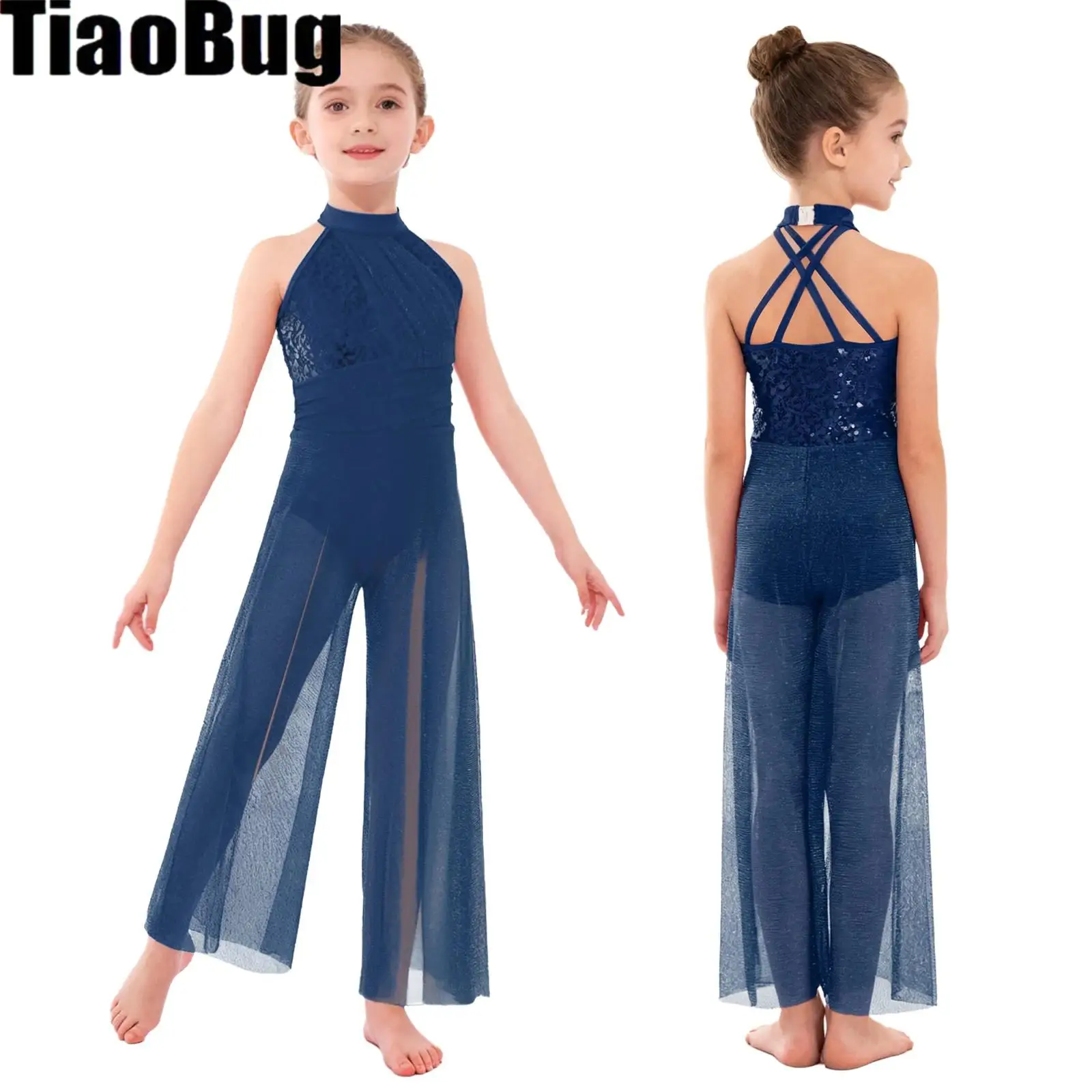 

Kids Girls Lyrical Crisscross Back Dance Jumpsuit Sleeveless Mock Neck Shiny Sequins Shimmery Mesh Split Wide-Leg Bodysuit