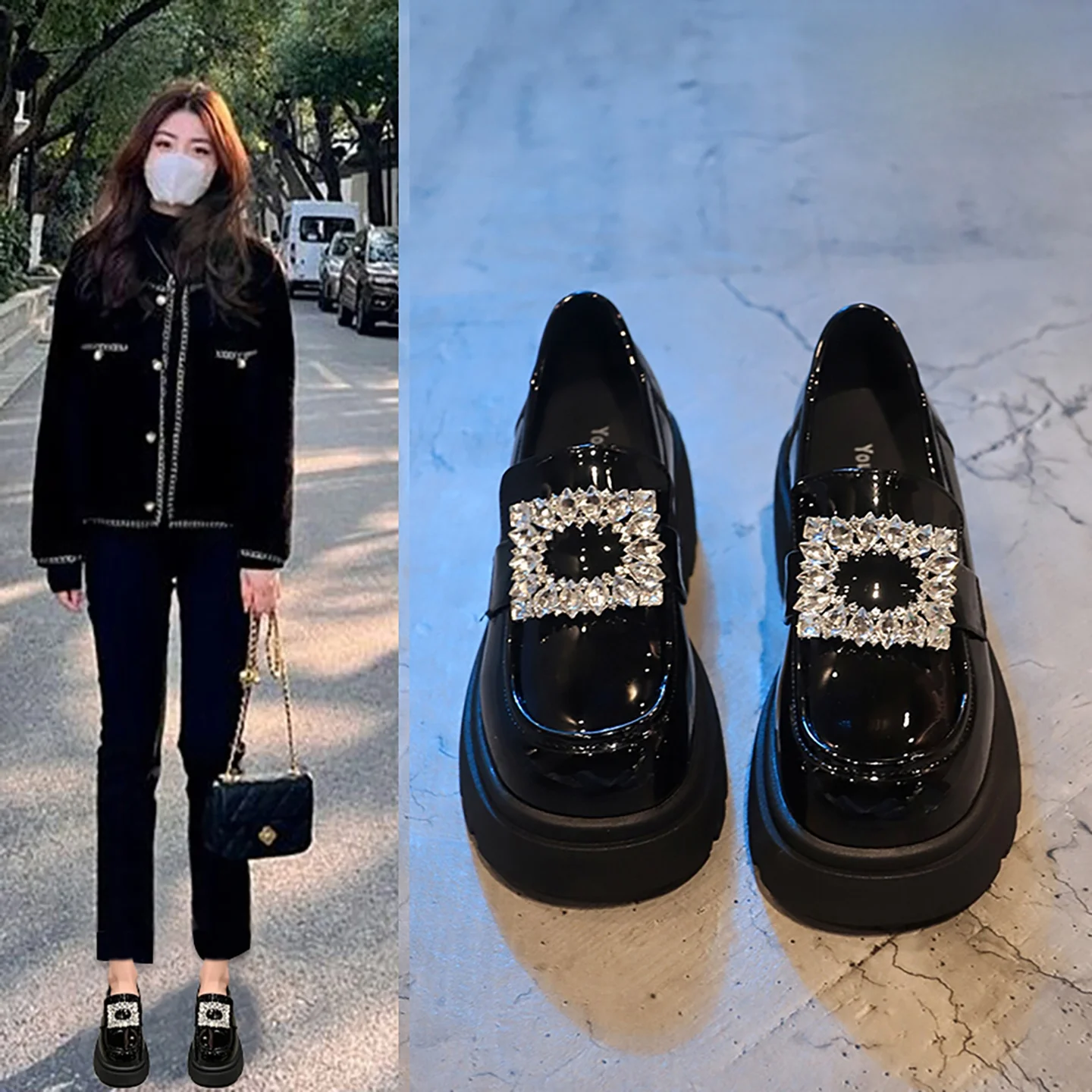 

Женские кожаные лоферы на толстом квадратном каблуке с синими стразами, новинка Весна 2026, в британском стиле, из натуральной кожи