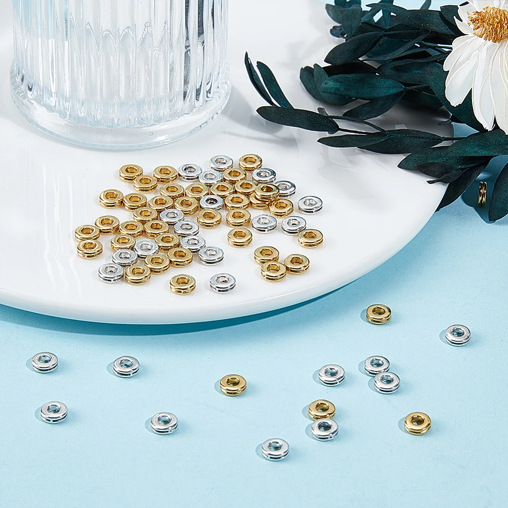 240Pcs 2 Colors Style Flat Round Beads Alloy Large Hole Loose Spacer Beads Silver Golden Flat Round European Bead view 4