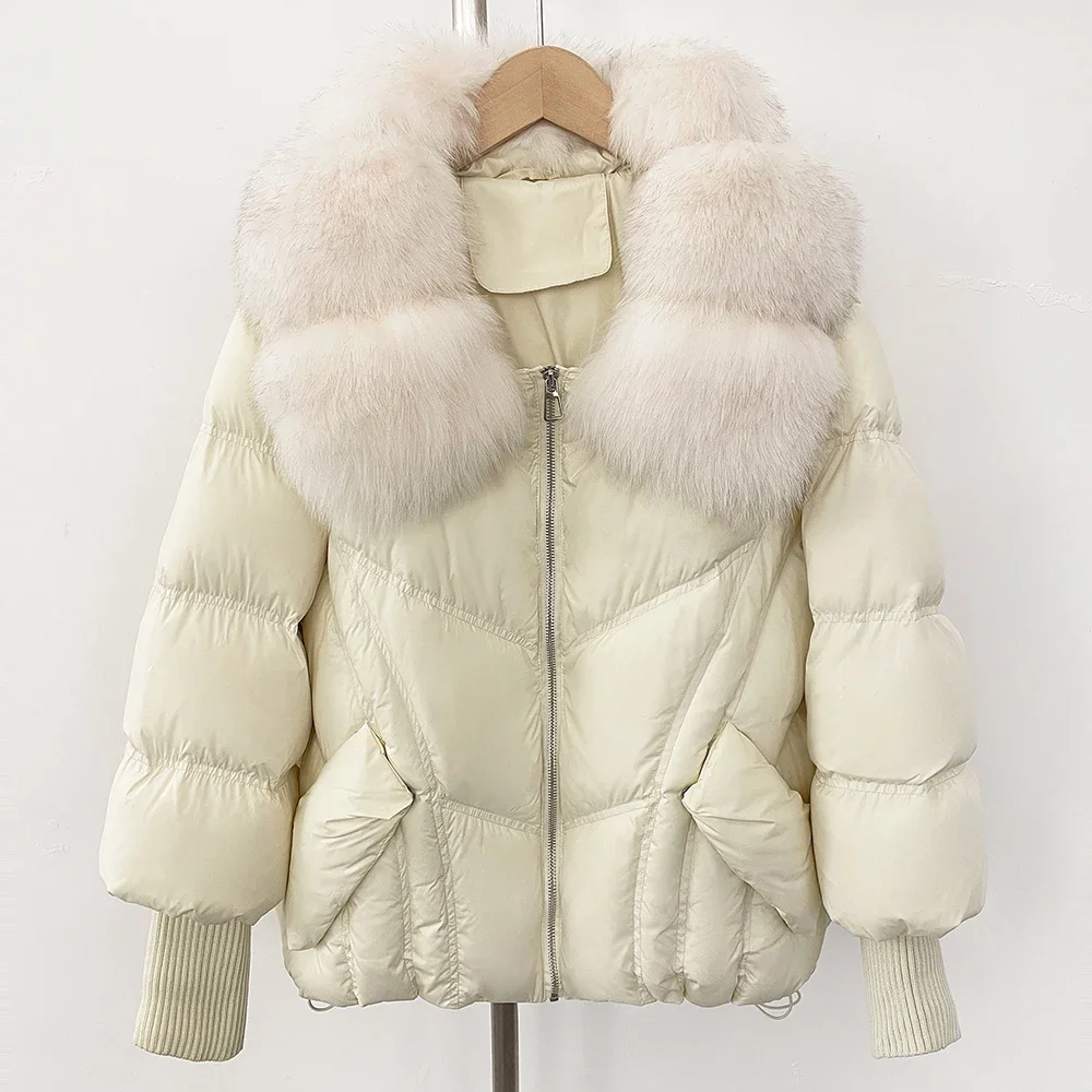 Pato para baixo casaco outono inverno puffer jaqueta roupas para baixo jaqueta feminina gola de pele de raposa natural manga de malha quente pele real fahsion