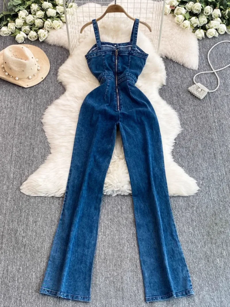 Spring Summer Denim Ropa Mujer New Sweet Jumpsuits Single Breasted Jumpsuit Strapless Sling Women Pants Allmatch One Pieces