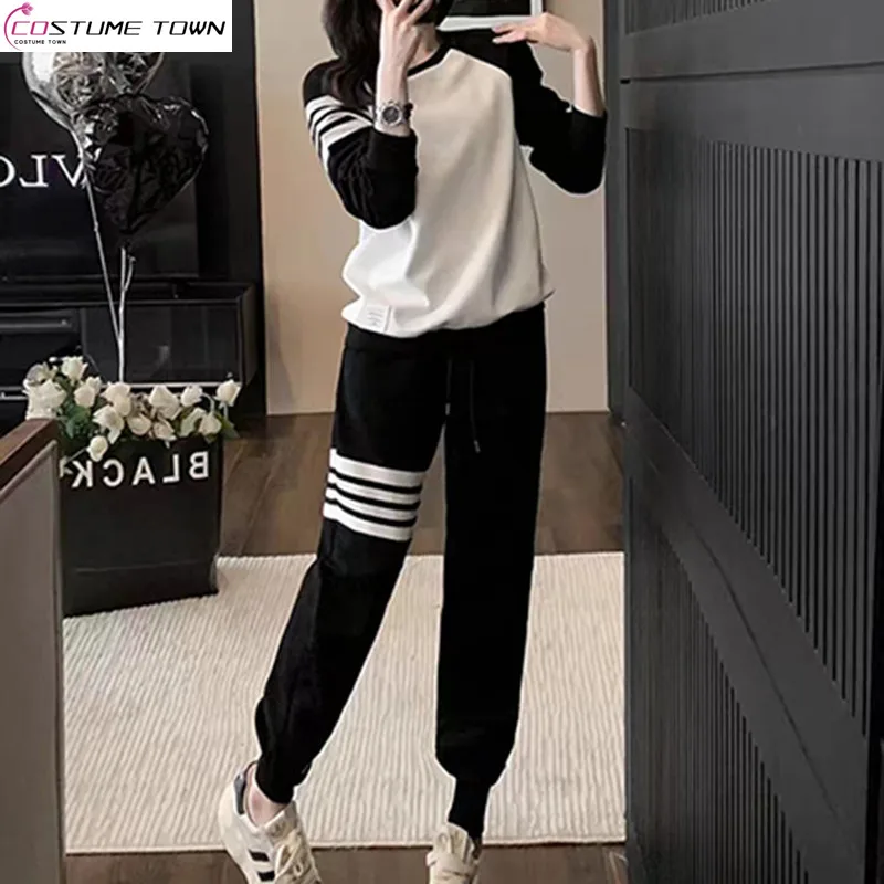 

2024 Autumn/Winter Korean Edition New Color Contrasting Sweetheart Sportswear Women's Set Casual Loose