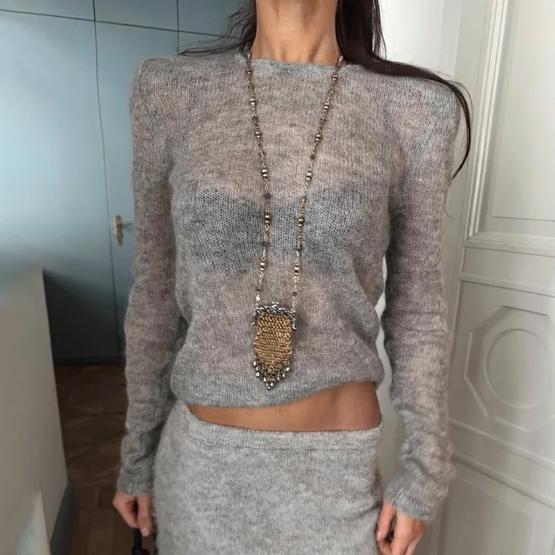 

Tuularose White Casual Knitwear Fashion See-Through Round Neck Knitted Pullovers Autumn Winter Commuter Streetwear Women Sweater