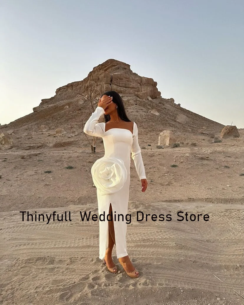 Thinyfull Arabia saudita bianco 3D Flower Prom Dress maniche lunghe abiti da sera in raso abito da cerimonia formale Robe De Soirée