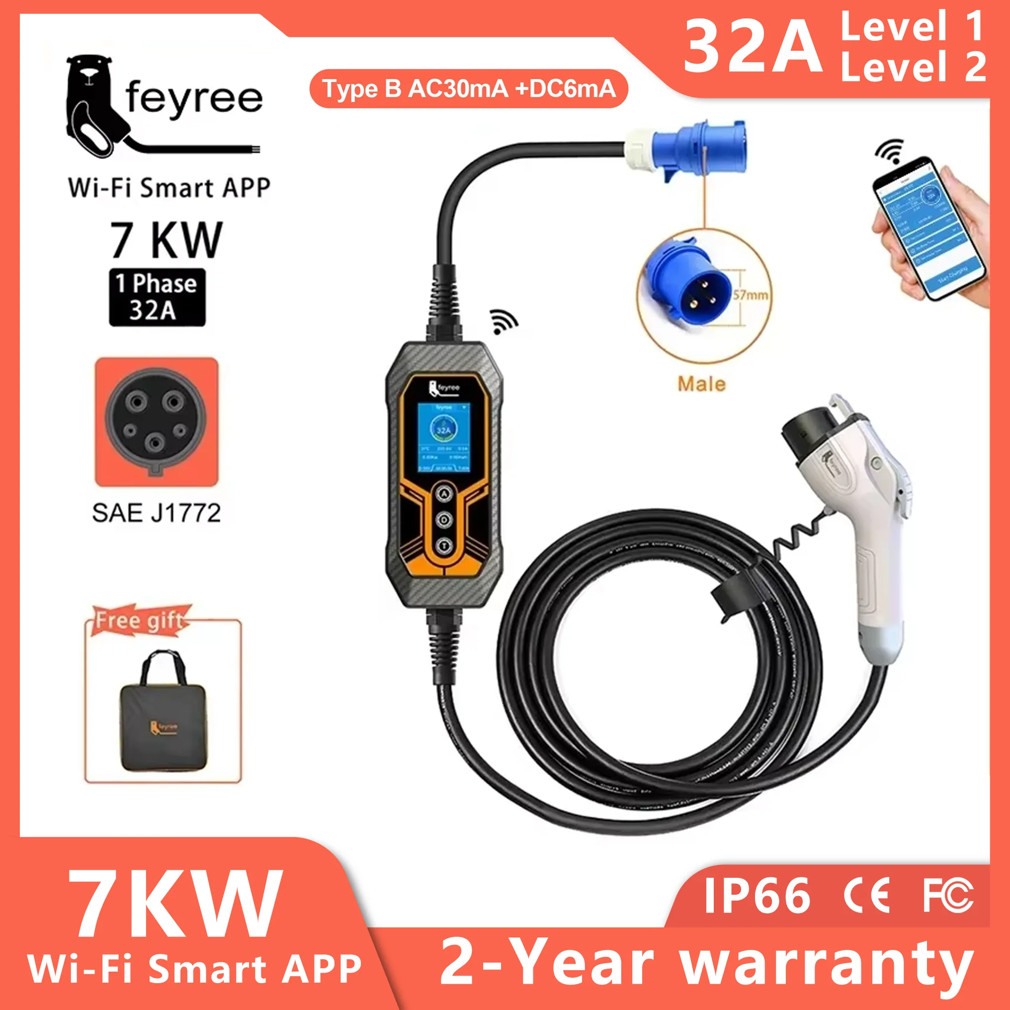 feyree Type1 j1772 Socket 32A 7KW 1Phase Portable EV Charger Wallbox APP Control EVSE Portable Charging Box for Electric Vehicle