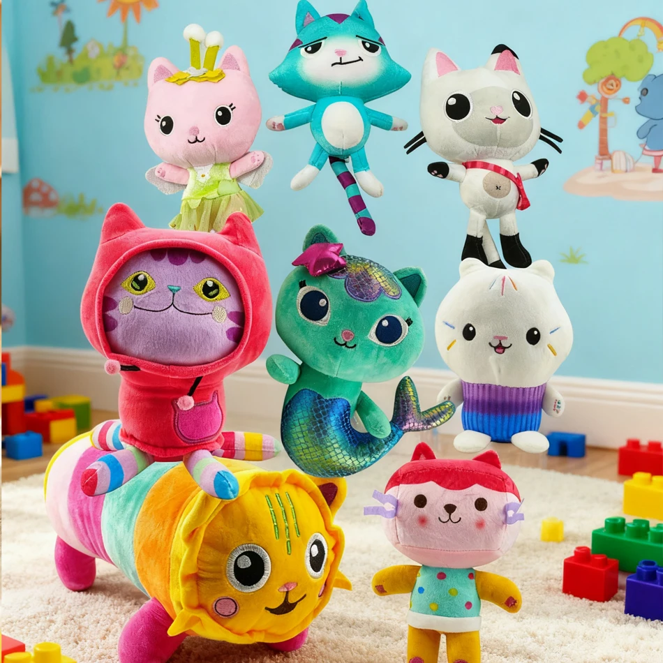 

25cm 7-piece Gabbys doll house plush toy cartoon stuffed animal mermaid cat mermaid plush doll children's Christmas gift