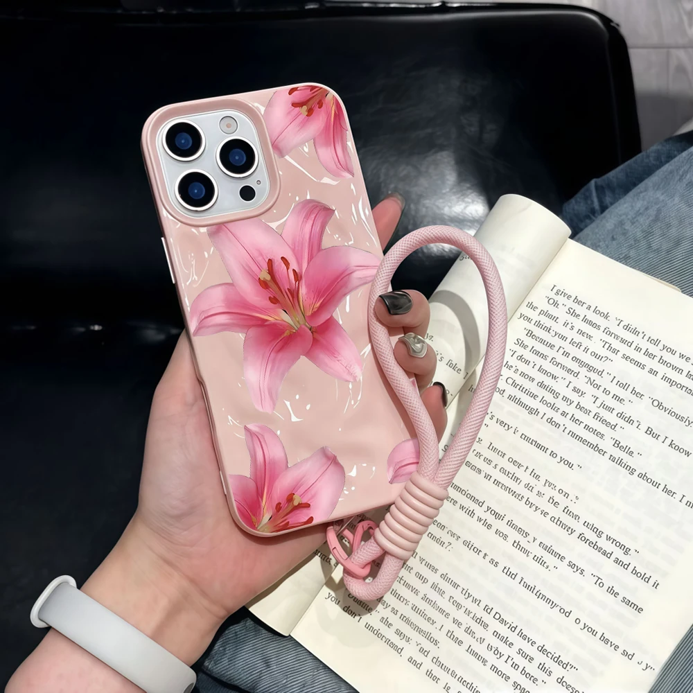 Hibiskusblüten Falten-Silikon-Handyhülle für iPhone 17 15 13 11 12 14 16 17 Pro Max 14 15 Plus 17 Air mit Lanyard INS Cover – Detail 3