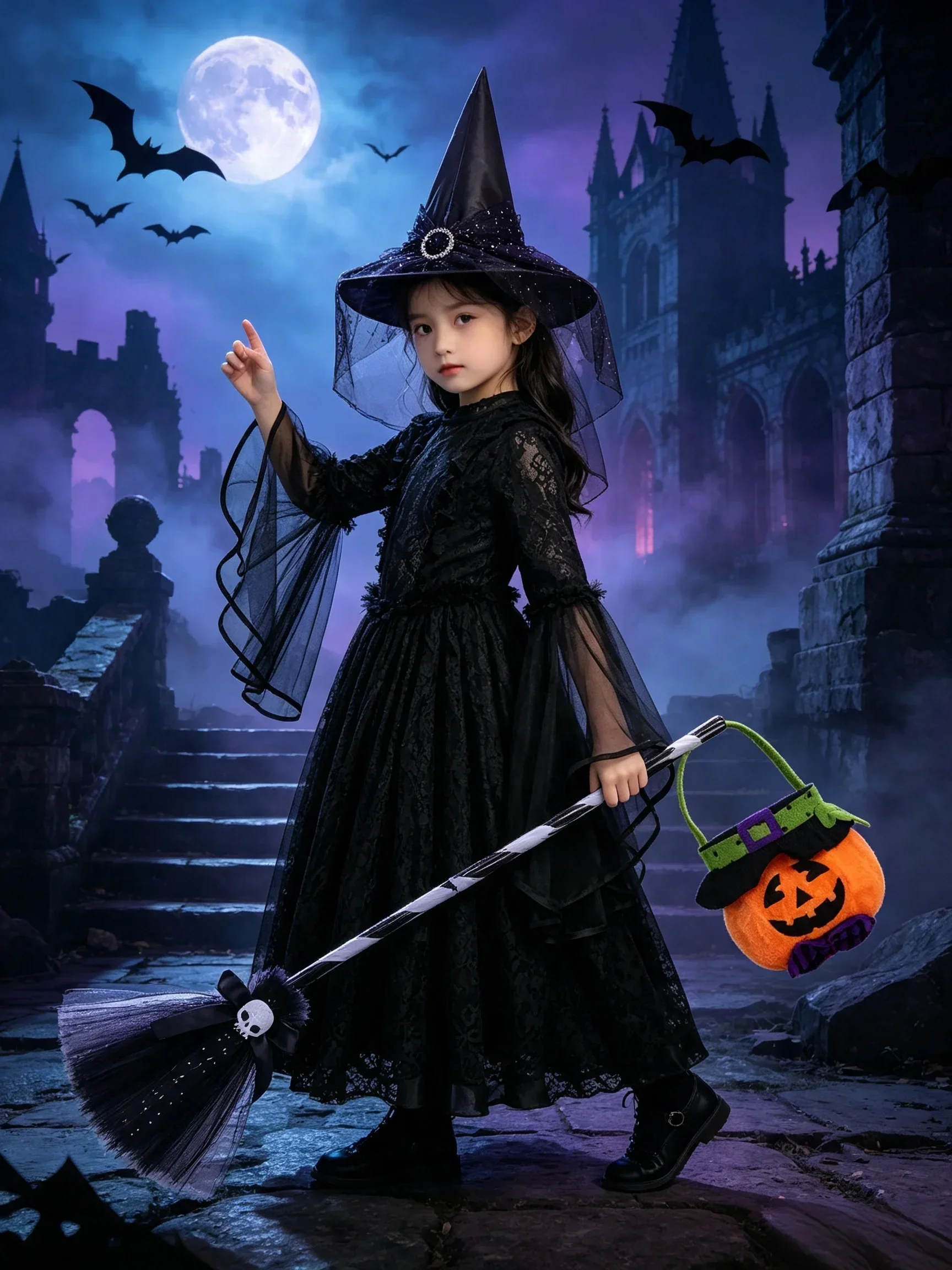 Mädchen-Kostümkleid Kinder Schwarzes Spitzen-Tüll-Cosplay-Kleid mit ausgestellten Ärmeln Gothisches Party-Rollenspiel-Outfit für Halloween-Karneval – Detail 2