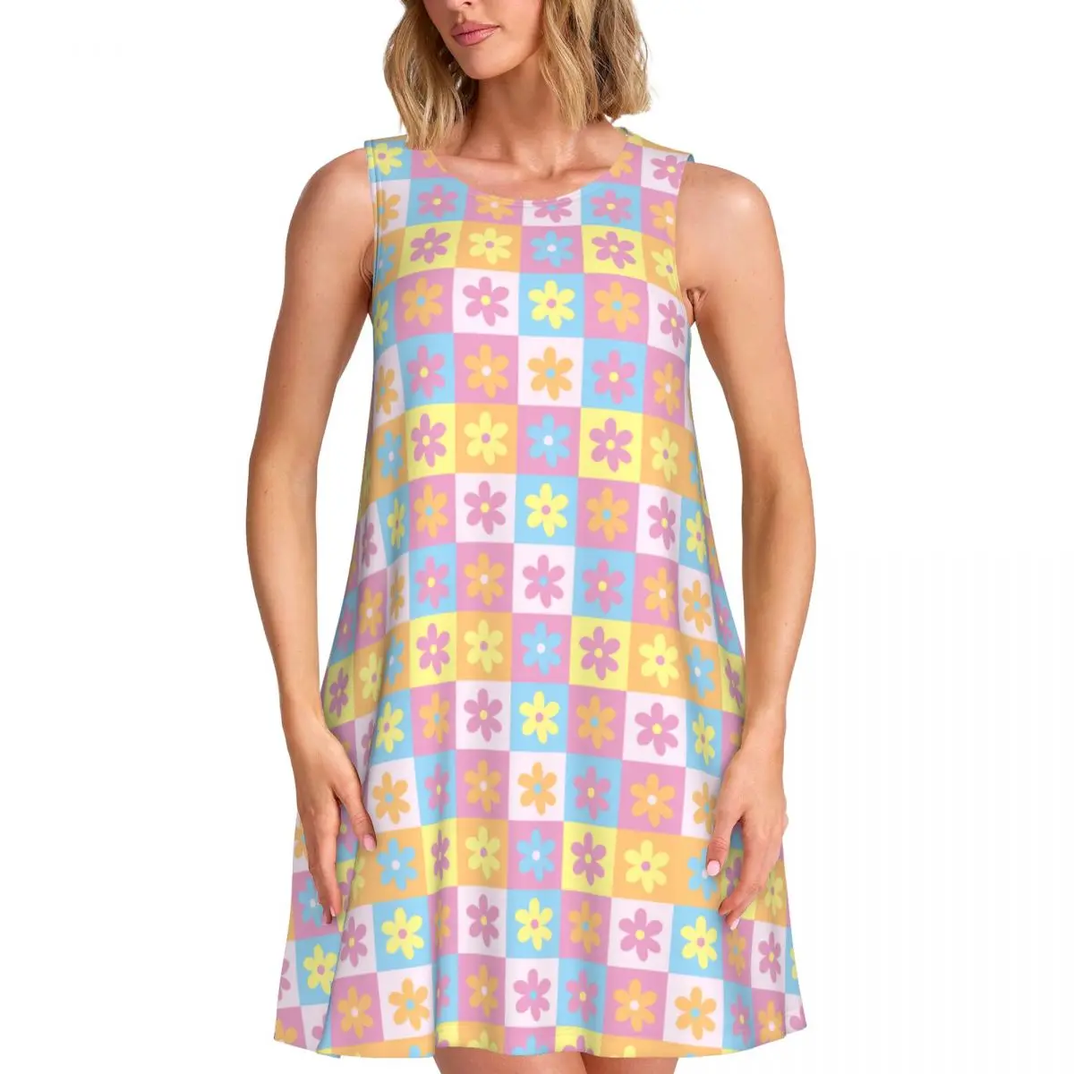 Aangepaste Y2K heldere lente patchwork minimalistisch bloemenpatroon moderne mouwloze jurk 3D print mouwloze strandjurken jurk