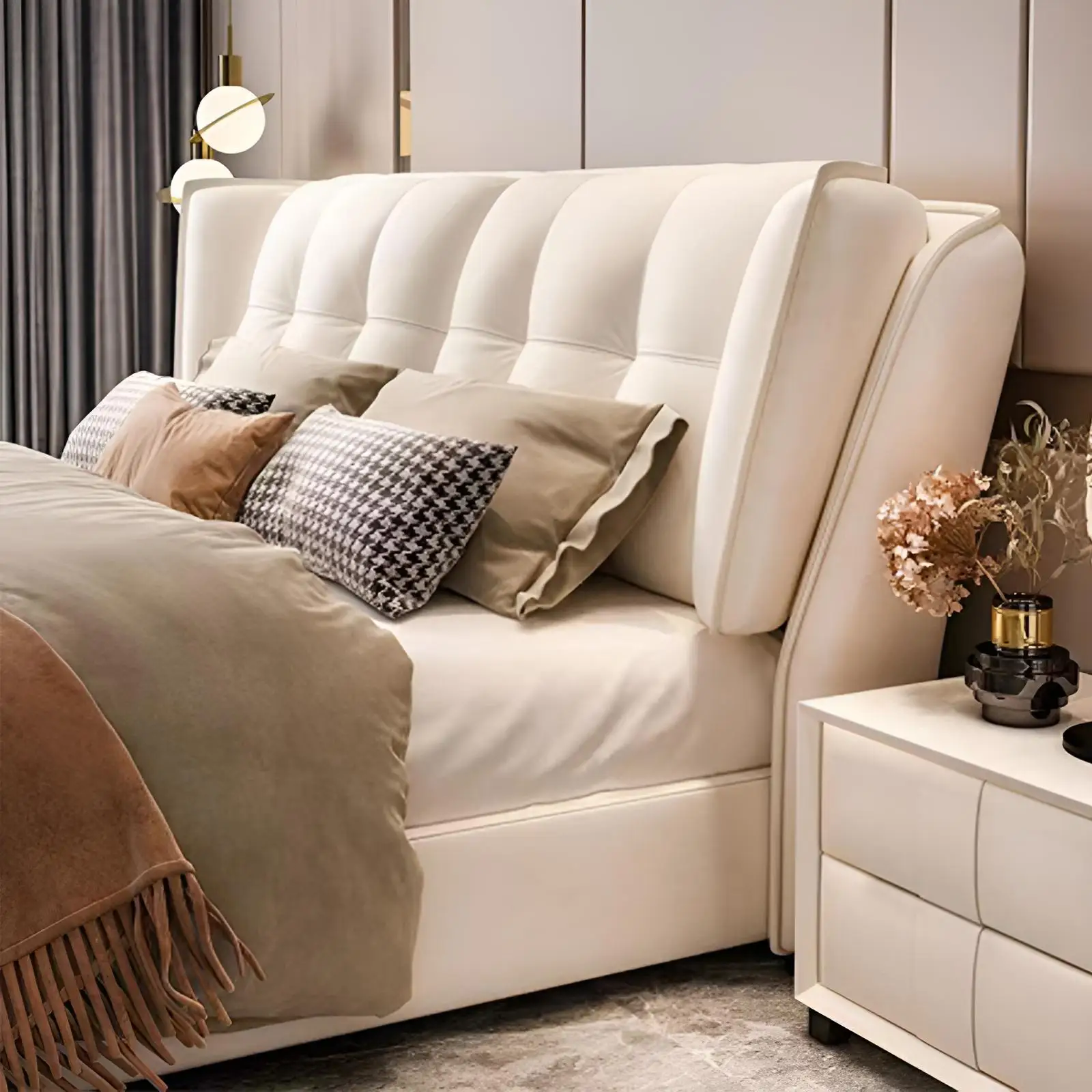 Letto matrimoniale in pelle, camera da letto principale, tessuto tecnologico di lusso leggero, letto vento color crema da 1,8 metri, contenitore moderno e semplice con borsa morbida