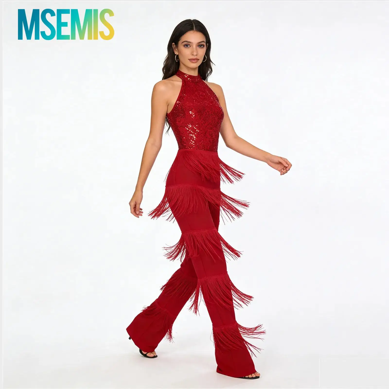 

Womens Cha-cha Latin Ballroom Dance Performance Costume Sequins Tiered Tassel Rompers Halter Backless Unitards Jumpsuit Bodysuit