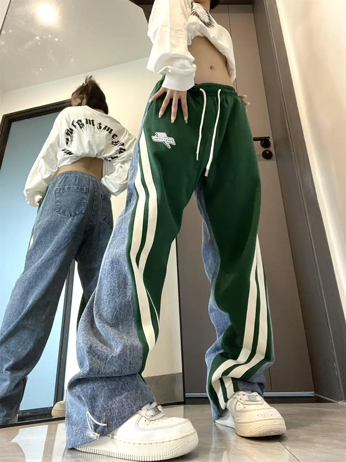 Denim Contrast Drawstring Lounge Pants American High Street Straight Casual Pants Women Fashion Hip-Hop Simple Loose Trousers