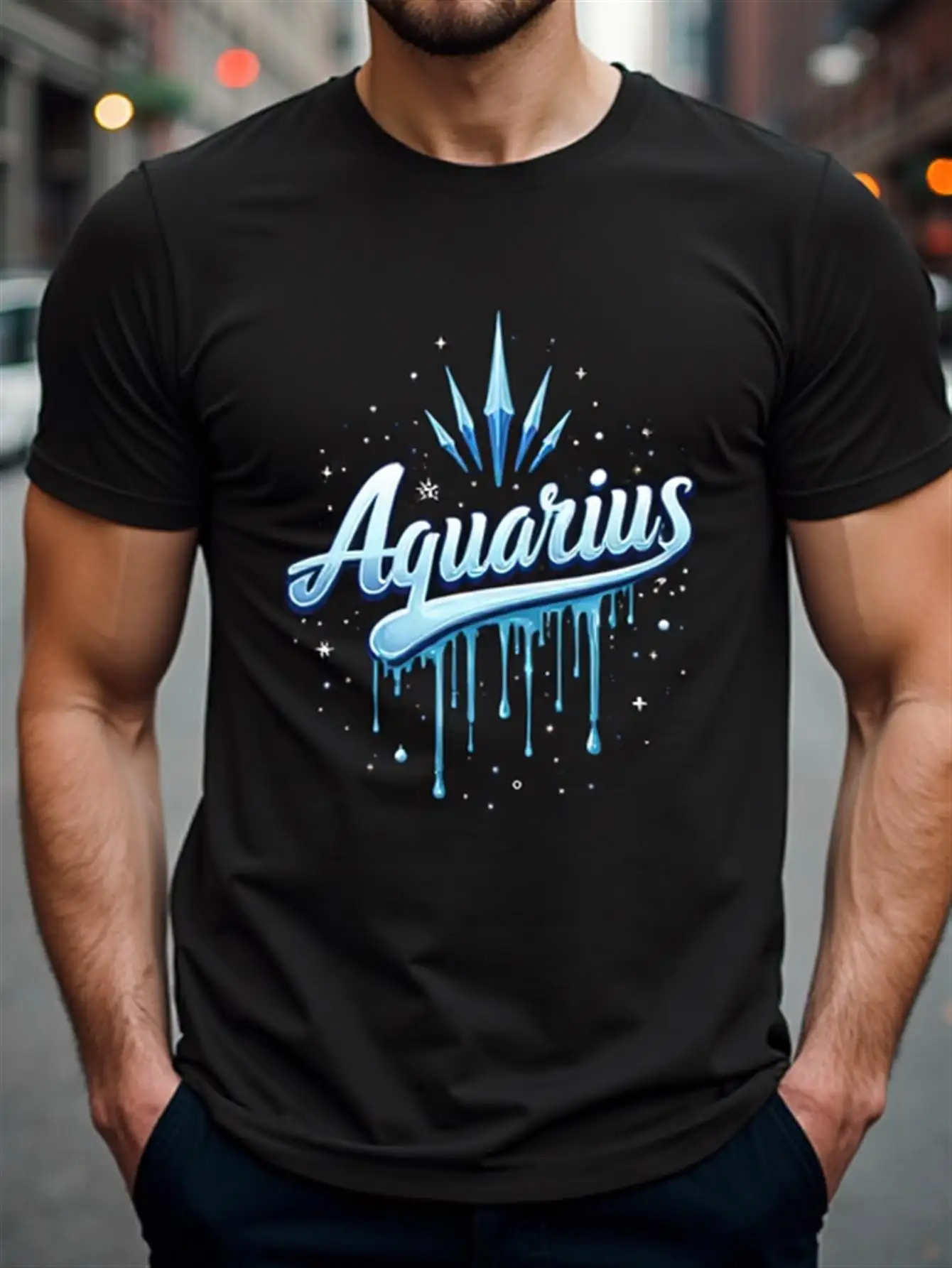 

Men's Aquarius Zodiac Pattern T-Shirt 100% Pure Cotton Breathable Black Blue Astrology Design with Stars and Aquarius Letter Print Casual Crew Neck Short Sleeve Top Suitable for Daily Wear as a Birthday Gift for Aquarius Men