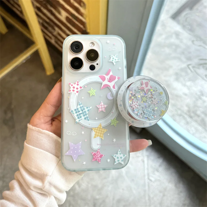 

Color Cute Star Magnetic Phone Case For iPhone 16 Pro 15 14 13 Pro Max Cover with Magsafe Quicksand Stand Holder Cases 16 Funda