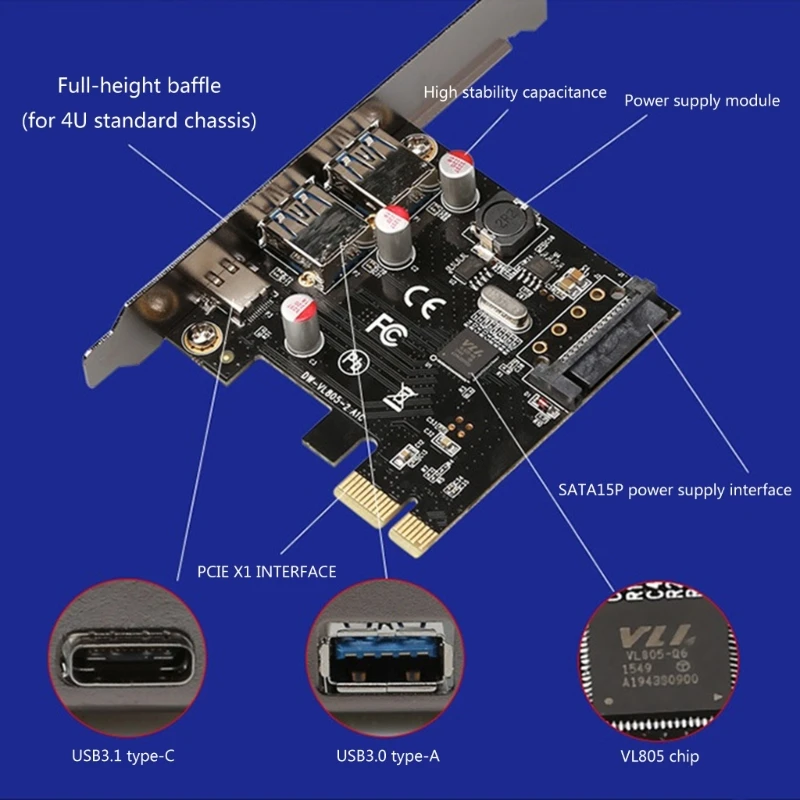 PCIE-2A1C a tipo USB 3,1 enchufe Panel frontal USB 3.0A a PCIE 1X expansión Dropship