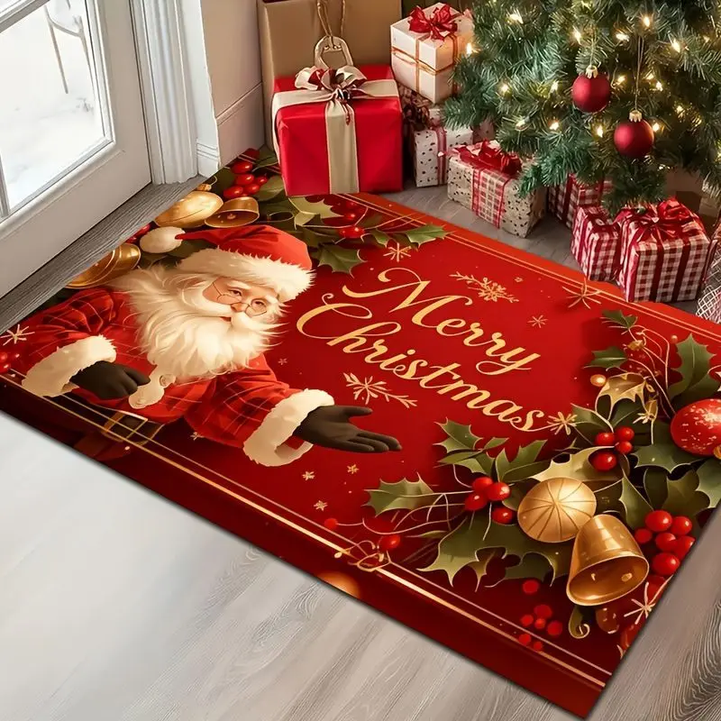 VIKAMA Santa Claus Doormat Merry Christmas Golden Bell Holly Berry Non Slip Floor Mat Entryway Porch Festive Winter Home Decor