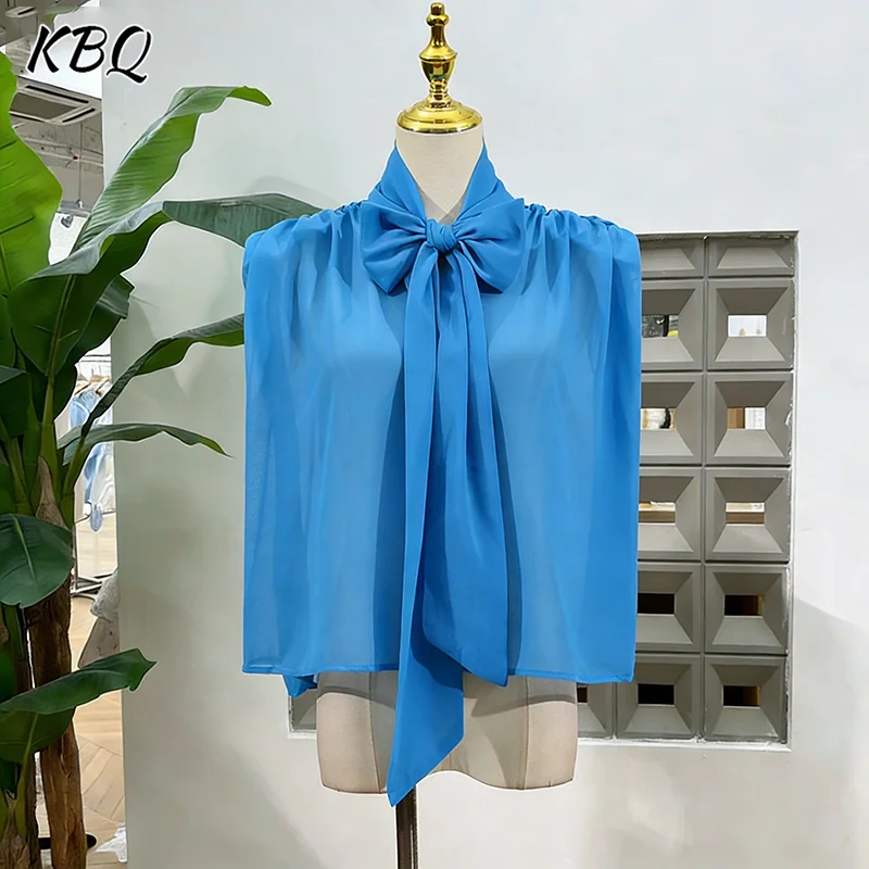 

Новая женская блузка KBQ без рукавов с бантом на шее, прозрачная, с плиссировкой и вставками, для офиса и повседневной носки