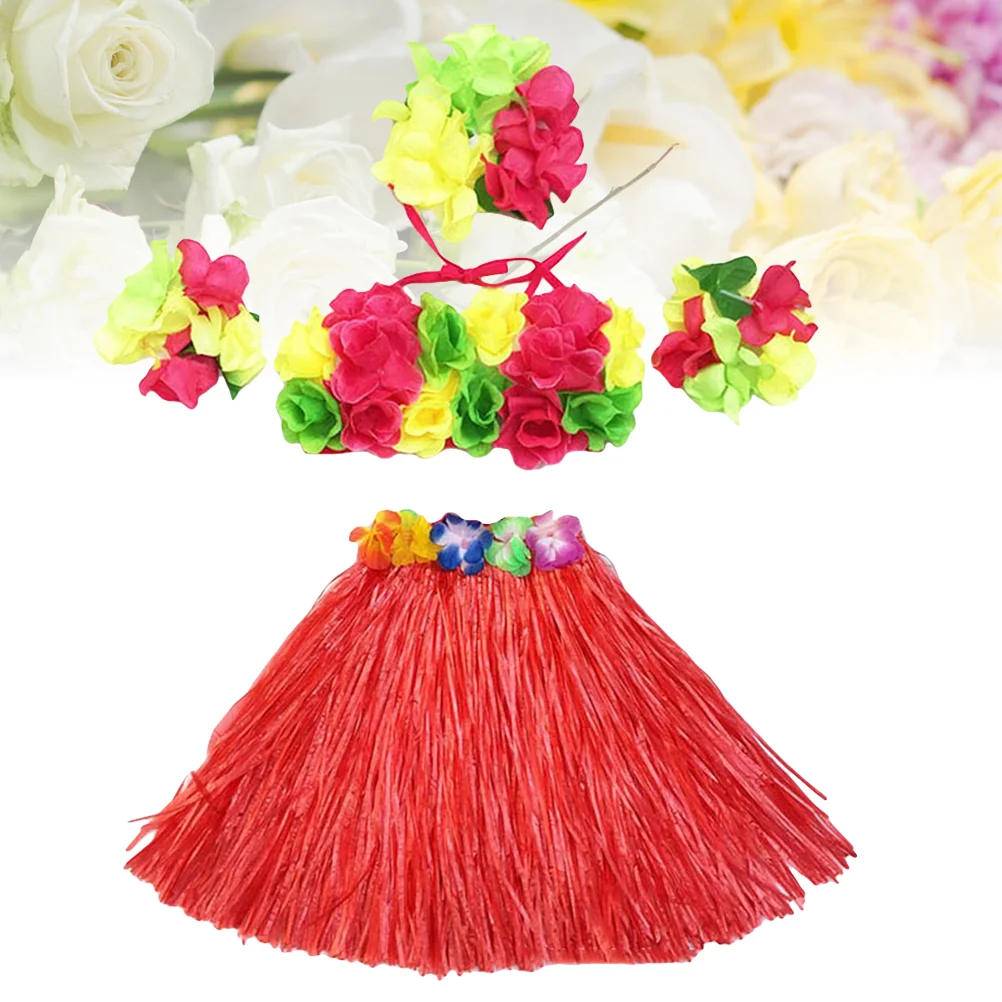 

5Pcs Hawaii Tropical Hula Grass Dance Skirt Flower Bracelets Headband Bra Set 40cm (Red Skirt) Hawaii Grass Skirt