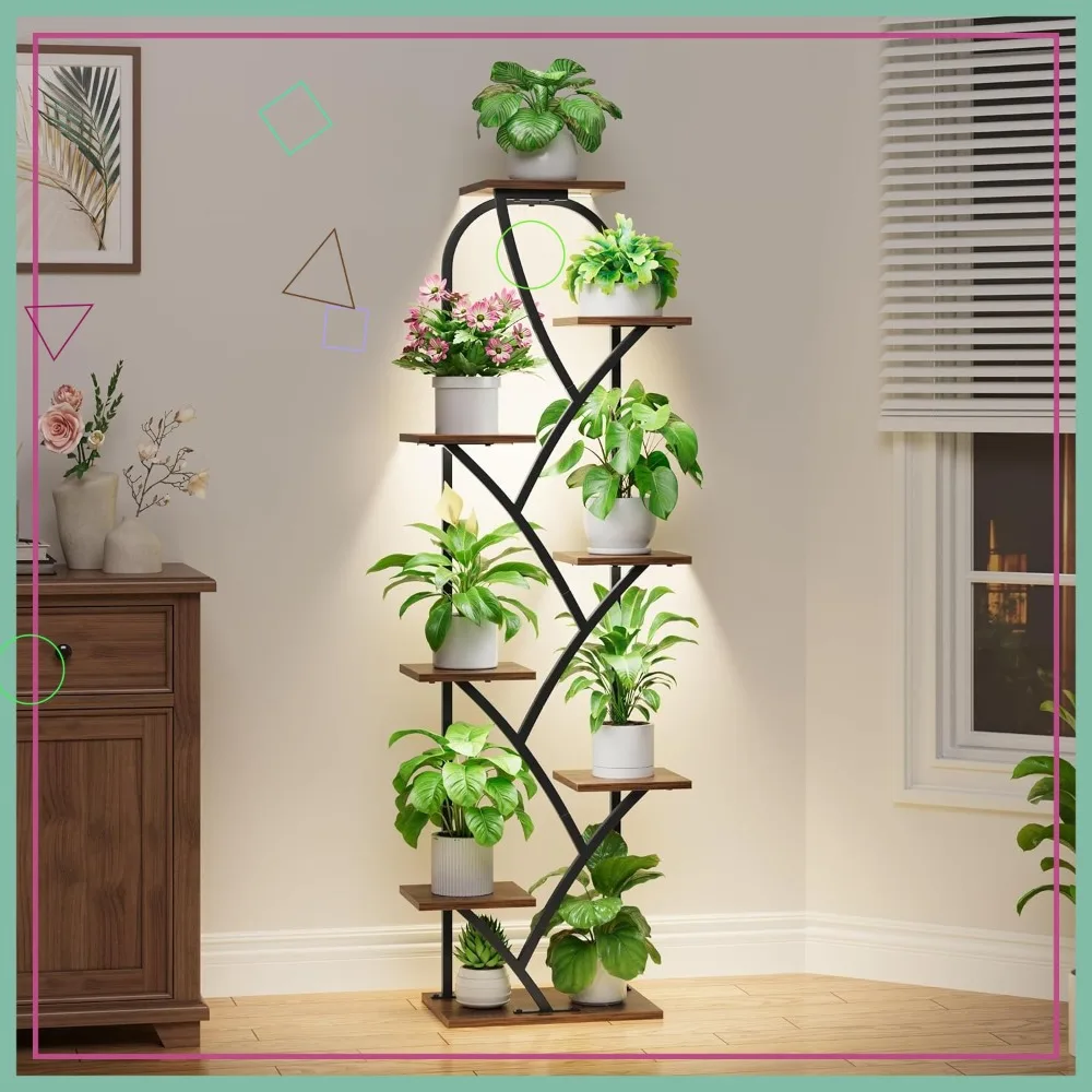

Подставка для комнатных растений высотой 51 дюйм с лампами для выращивания, 8-ярусная подставка для цветов для декора гостиной и прихожей