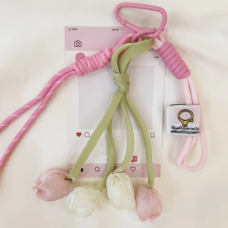 New Fresh Style Tulip Flower Bag Charm High Aesthetic Keychain Handbag Decorative Nylon Lanyard Sweet Spring Style