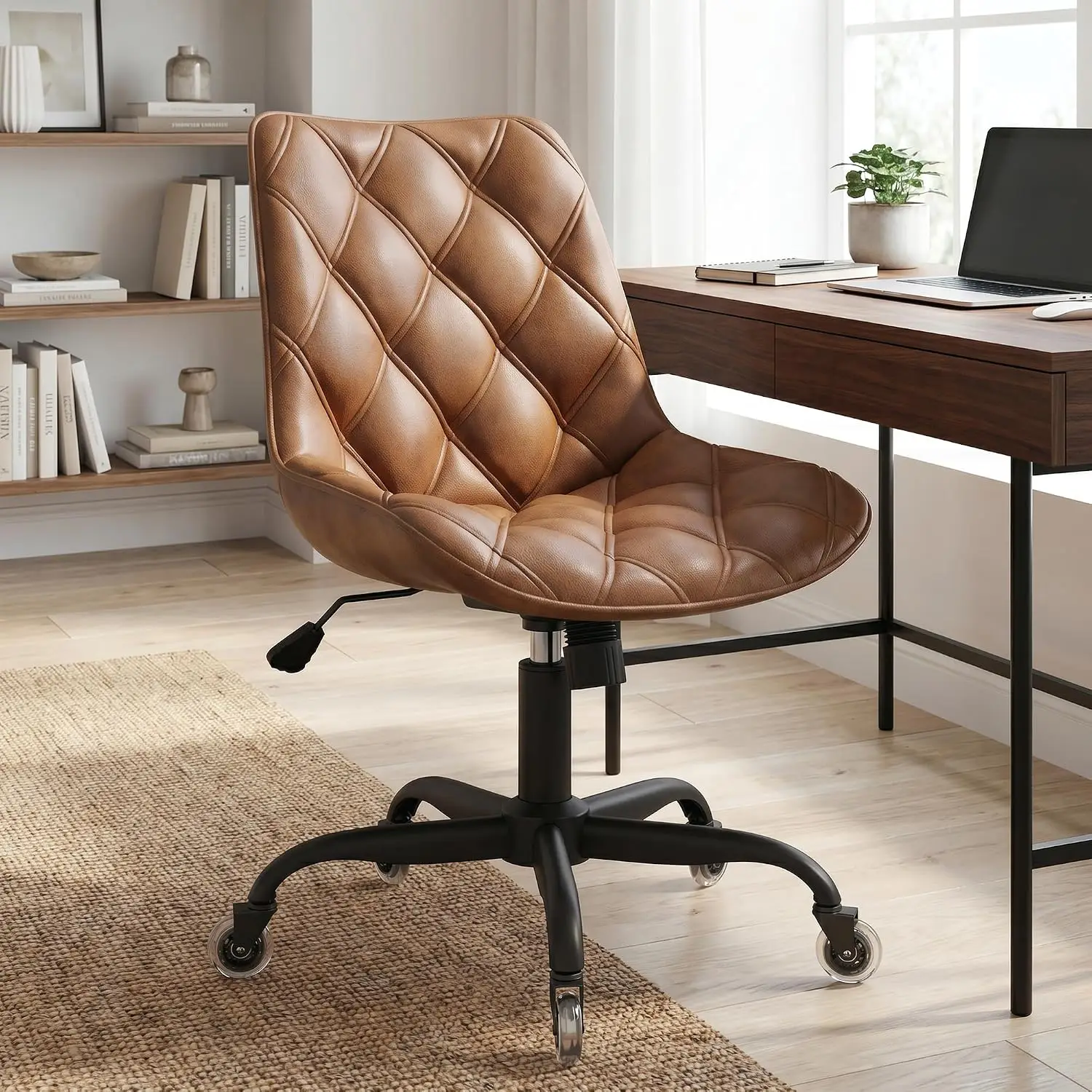 Armless Office Chair with 360° Swivel & Pneumatic Height Adjustment, Diamond-Tufted PU Leather Mid-Back Desk Chair, Quiet Rubber Wheels for All Floors