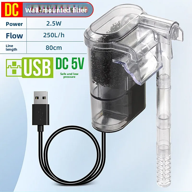 

Wall-hanging Filter For Fish Tanks USB plug Mini Aquarium Filter Pump 250H/L Suitable For Fish Tanks Below 30cm,2.5W DC 5V
