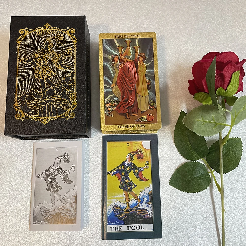 Spanish Golden Foil in Box Tarot Deck Prophecy Cards for Beginners with 2-Languages Guidebook 12x7cm Toro Taro