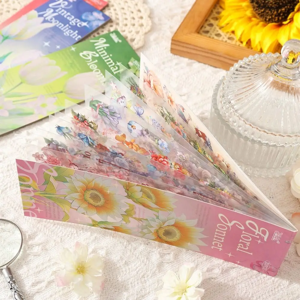 20 Sheets Flowers Scrapbook Stickers Flower Design PET Material Girls Craft Stickers Transparent Removable DIY Collage Decor