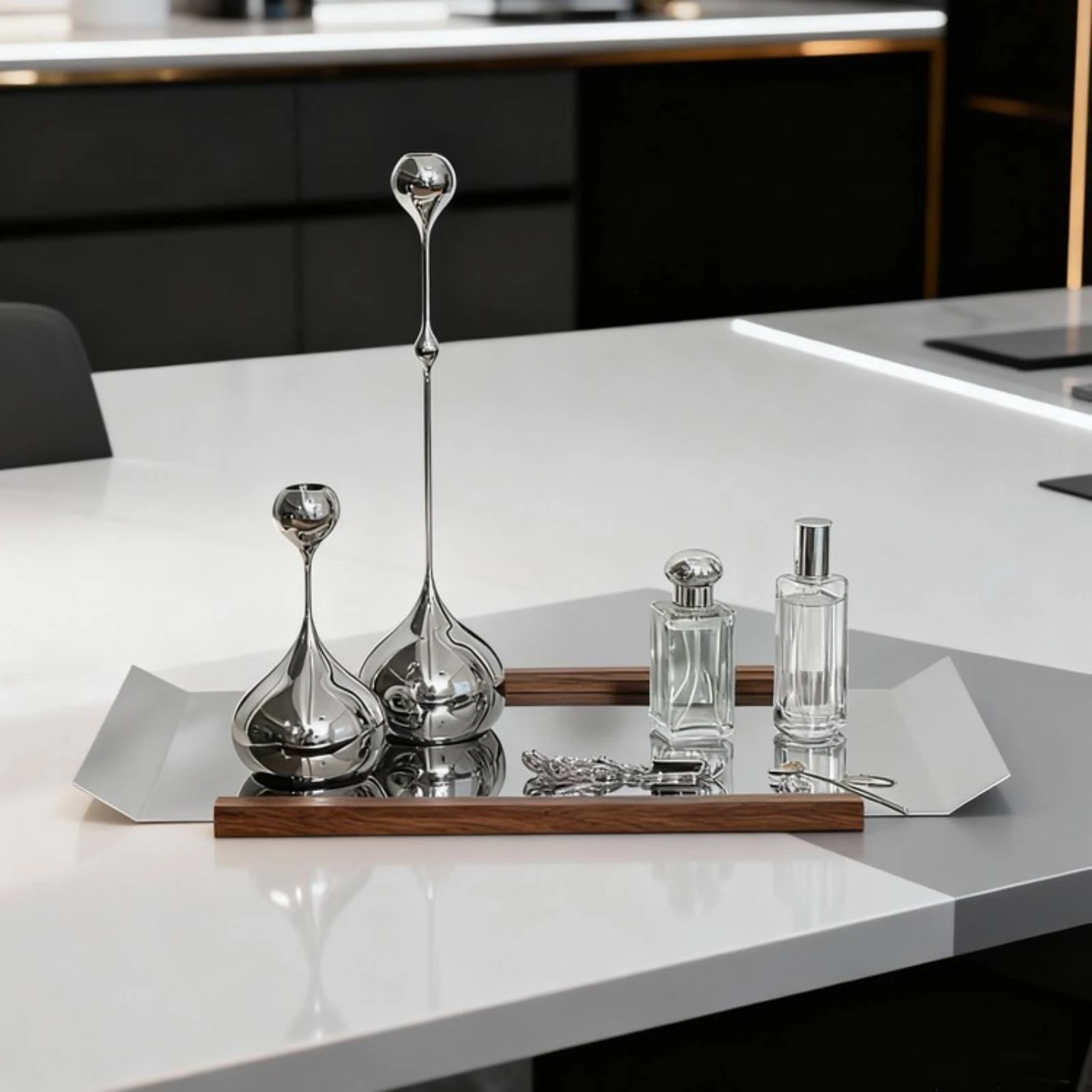 Stainless Steel Tray with Wood Strips Reflective Mirrored Display Tray Modern Geometric for Coffee Table, Tabletop