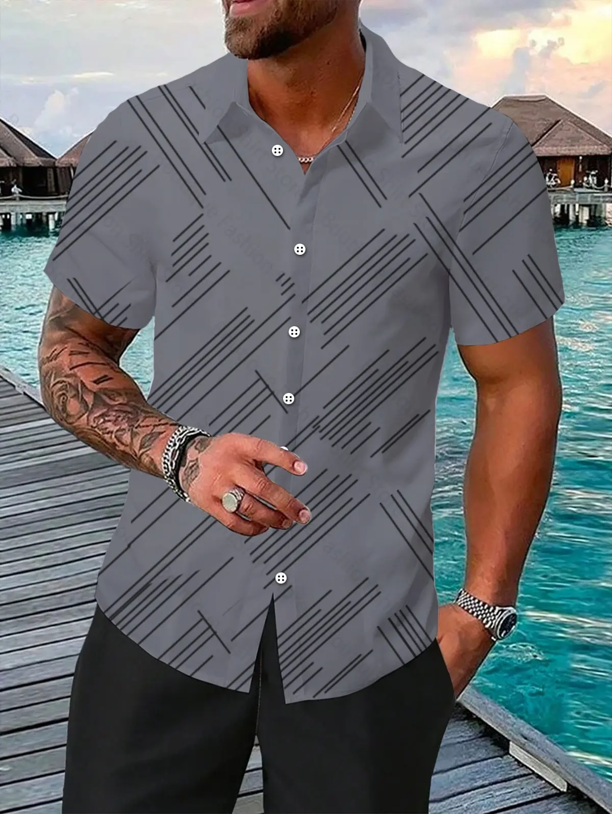 2024 Men\'s striped print short-sleeved lapel button Shirts street casual Hawaiian shirt large size XS-6XL fast delivery