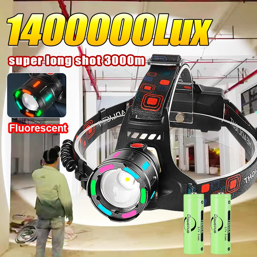 

Zoomable наружный сильный световой фара 1400000LM мощный светодиодный фара перезаряжаемый 18650 длинный выстрел 3км головный фонарь