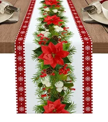 Christmas Poinsettia Pine Linen Table Runners Dresser Scarves Table Decor Winter Xmas Dining Table Runners Holiday Party Decor