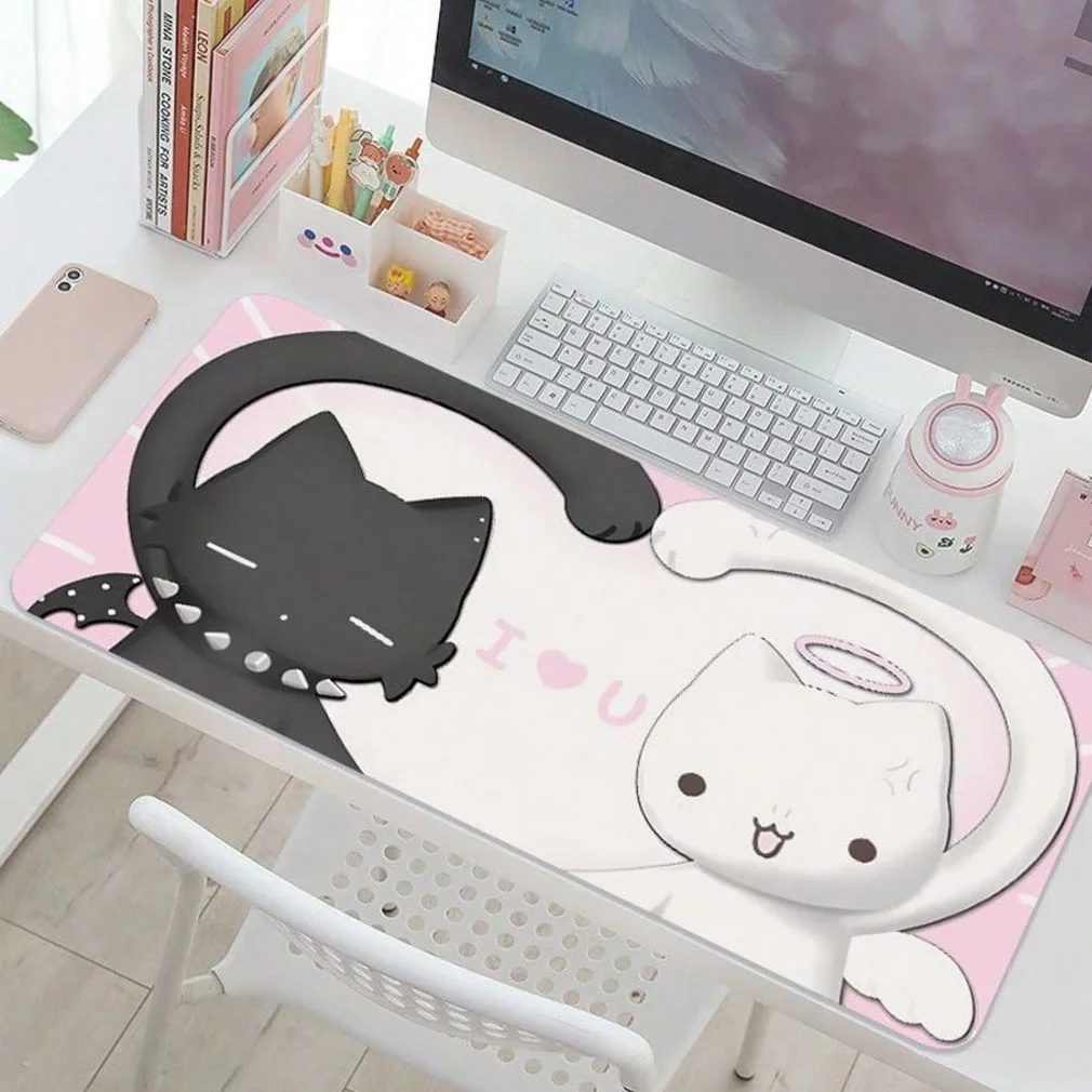 Polka Dots Black And White Kitten Lovely Girl Leather Desk Pad Protector Mouse Pad Office Desk Mat Non-Slip PU Desk Blotter Pad