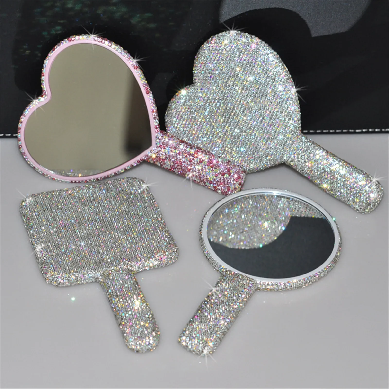 Diamond Handheld Make-upspiegel Liefde Hart Spiegel Vrouwelijk Handvat Make-up Cosmetische Schoonheidstools Handheld Vanity Meisjes Make-up Spiegel