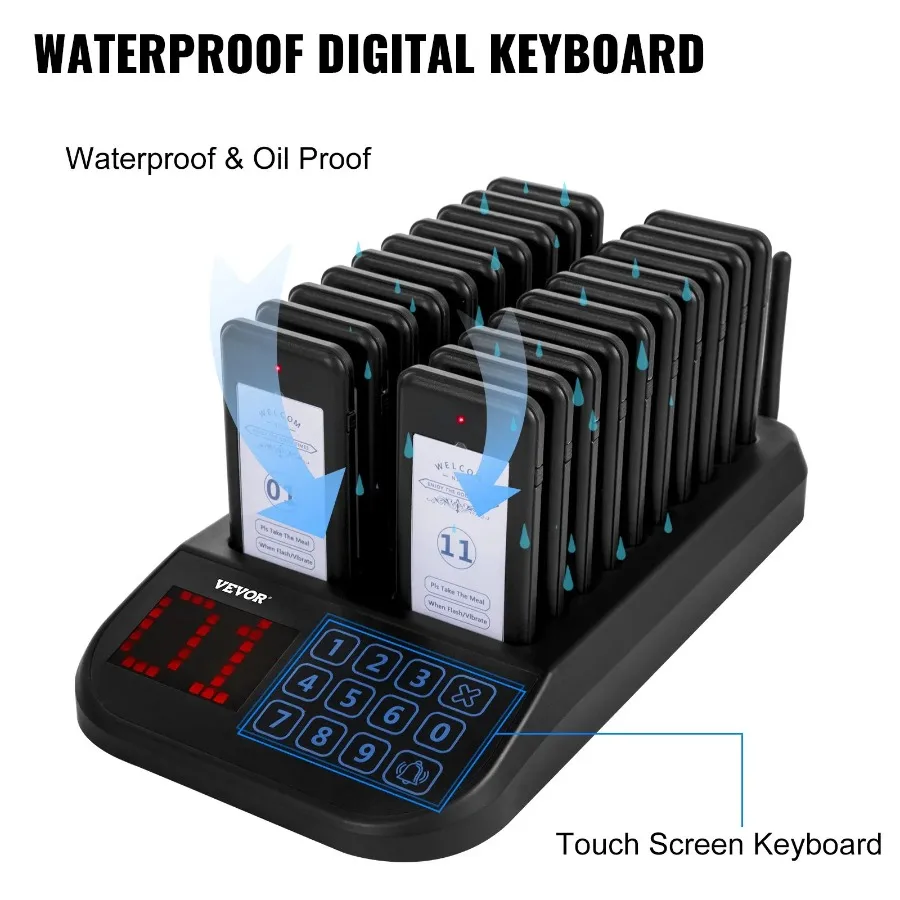 

F103 Restaurant Pager System 20 Pagers Max 98 Beepers Wireless Calling System Touch Keyboard with Vibration Flashing and Buzze