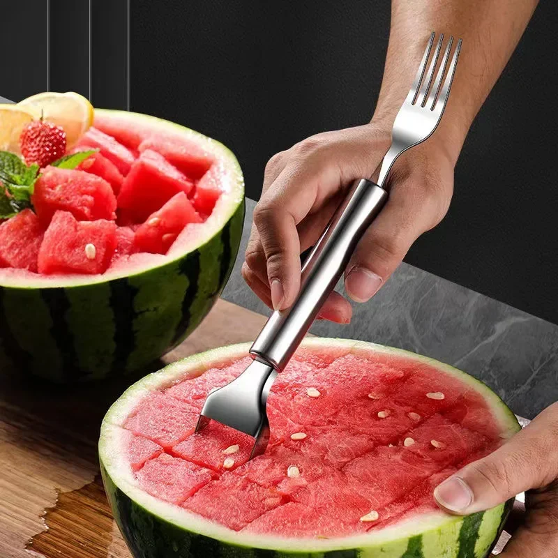 2-In-1 Watermelon Fork Slicer Watermelon Slicer Cutter Stainless Steel Fruit Fork Fruits Tools for Kitchen Family Party Camping