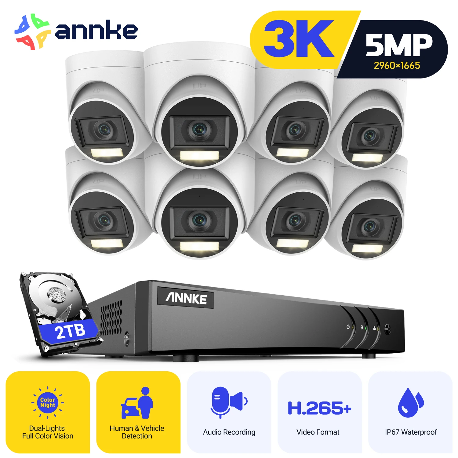

ANNKE 5MP DVR Security Surveillance Kits 8pcs Dual Light Outdoor Cameras IP67 Weatherproof H.265+ 8CH DVR Camera System Alarm