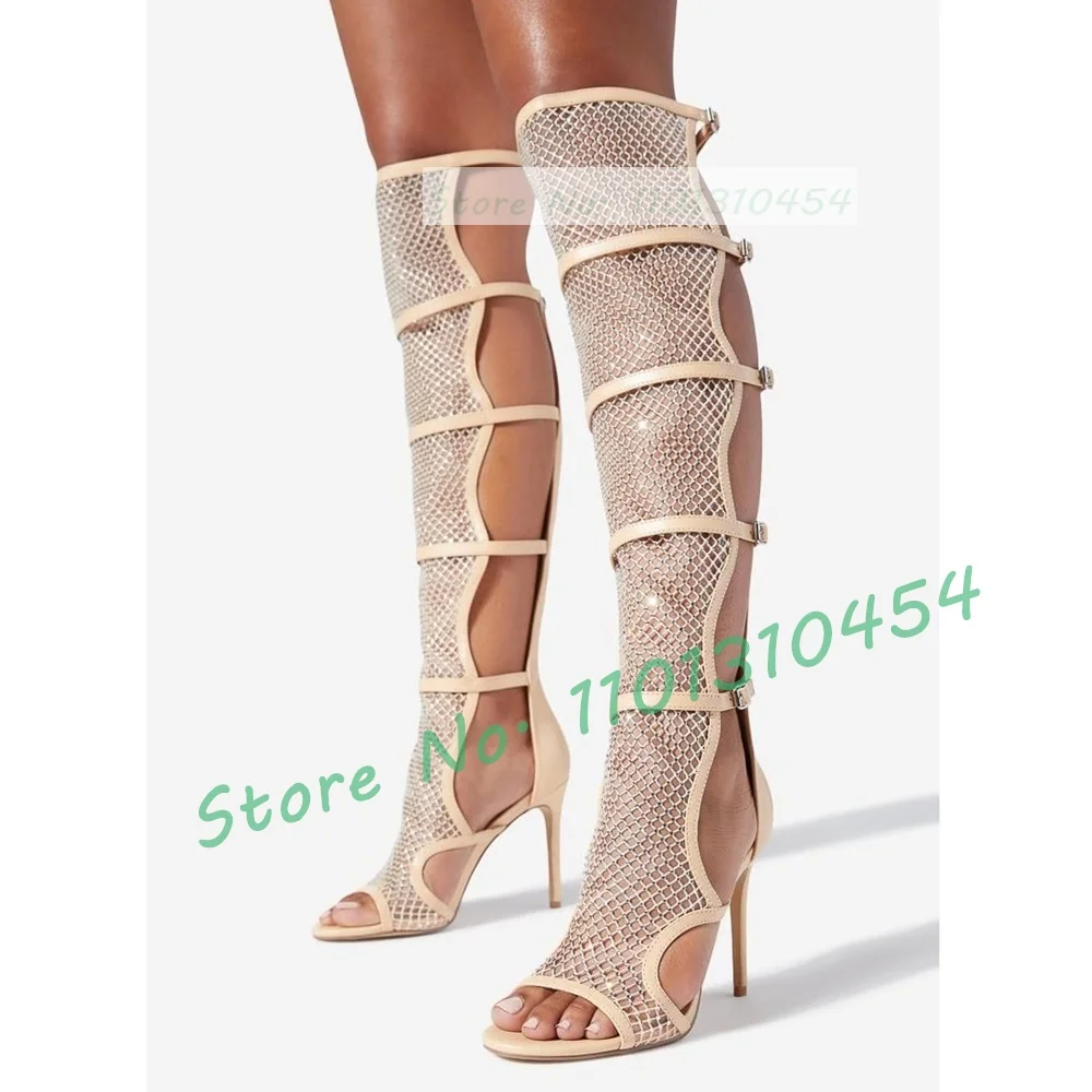 Crystal Mesh Long Sandals Women Summer Belt Buckles Puttee Shiny High Heels Ladies Casual Party Nude Sexy Feminine Peep Toe Shoe