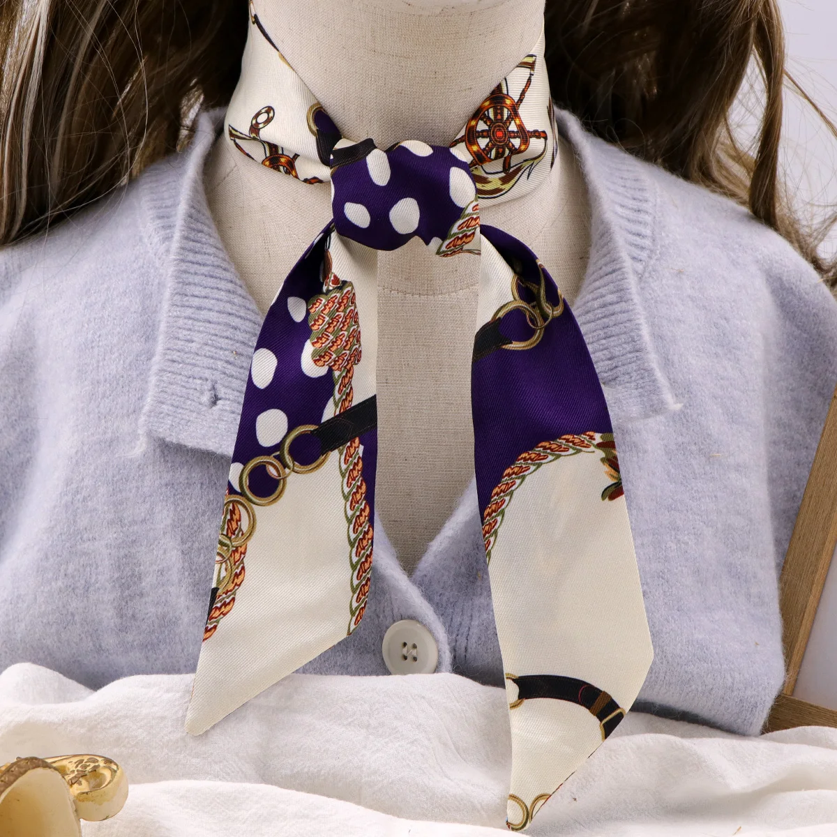 Retro Chain Skinny Scarf Women Small Bag Scarves Hair Neck Scarf For Ladies Foulard Fashion Print Neckerchief Headband