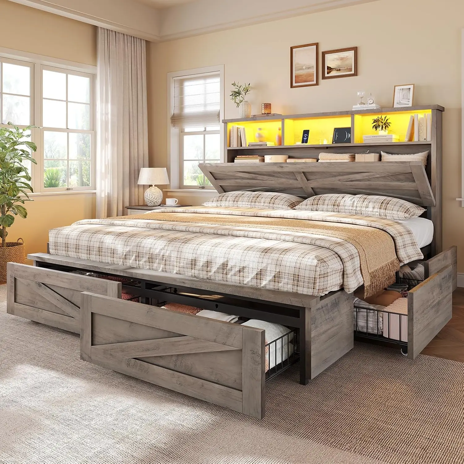 Full Size Bed Frame with 6 Drawers, Farmhouse Bed Frame with Barn Door Headboard and Storage, Wood Platform Bed Frame Full Size with Charging Station and LED Lights, No Box Spring Needed, Grey