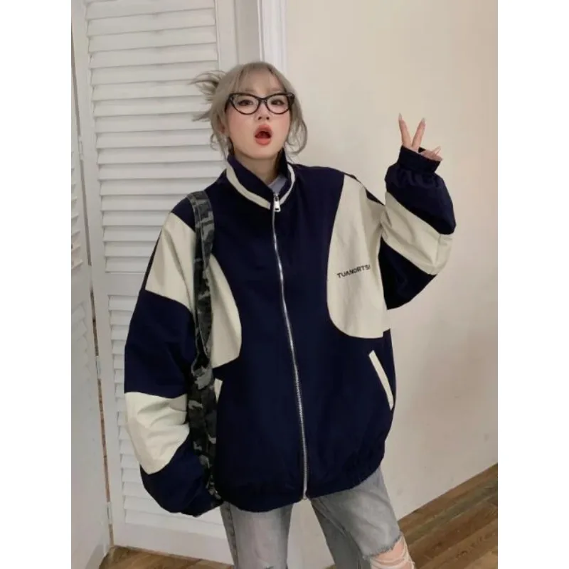 Deeptown Vintage Bomber Jackets Women Korean Streetwear Color Block Patchwork Oversized Varsity Jacket College Spring Hippie Zip