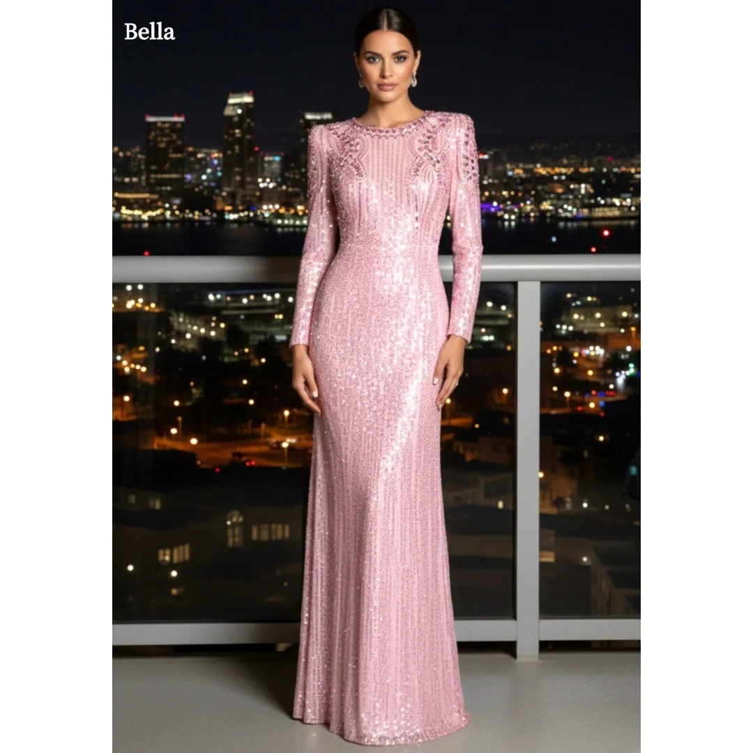 

Bella Customized Light Pink Crew Neck Long Sleeve Full Sequin Embellished Slim-fit Mermaid robes de soirée Elegant Party Dresses